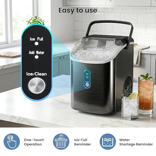 Antarctic Star Countertop Ice Maker with Soft Chewable Pellet Ice, 34lbs/24Hrs, One-Click Operation, Self-Cleaning Portable Peddle Ice Machine with Ice Scoop for Kitchen,Office,Bar,RV (Black)