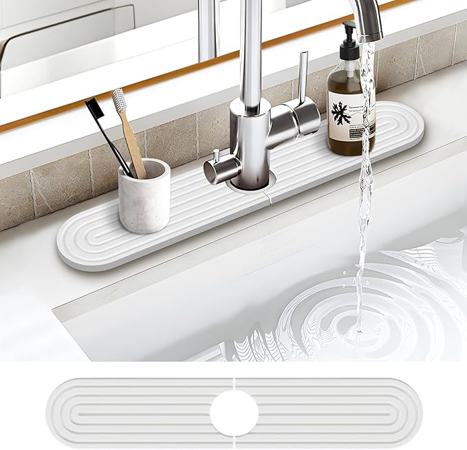Stone Faucet Mat for Kitchen Sink, Water Absorbent Fast Drying Stone Tray for Sink , Quick Dry Diatomite Splash Guard for Bathroom Counter to Prevent Moisture Buildup, 23.6" x 4", White