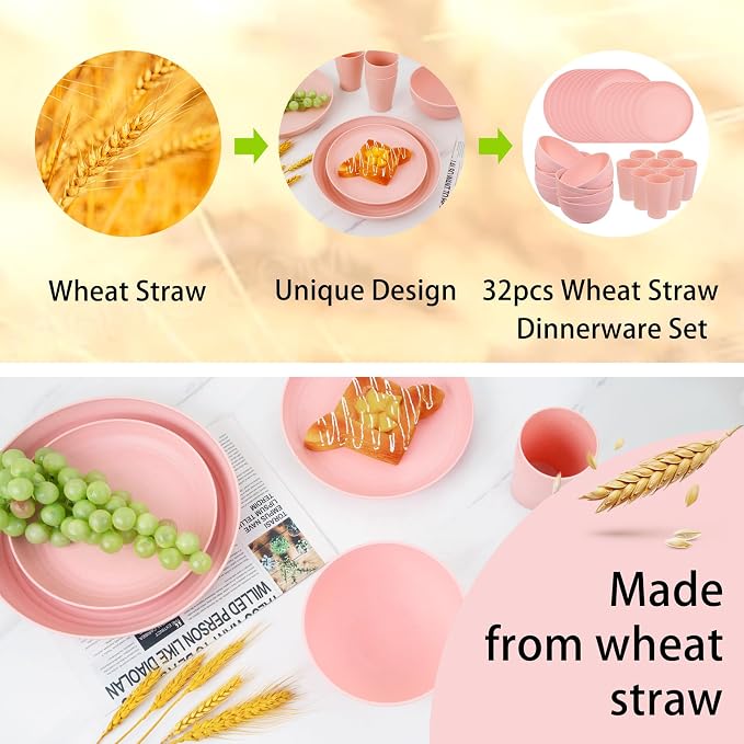 Supernal 32Pcs Pink Plates and Bowls Sets for 8, Unbreakable Dinnerware | Lightweight reusable wheat straw pink dishes set. Shatterproof pastel camp plates & bowls for college dorm, RV, or picnics.