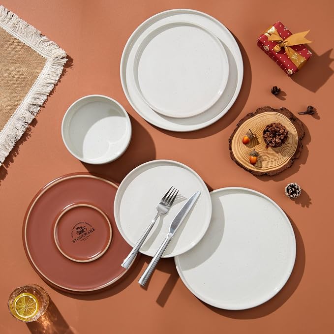 LIANYU Stoneware Dinnerware Sets Service for 6, 18 PCS Plates and Bowls Sets, Handmade Ceramic Dish Set, Highly Chip and Crack Resistant Modern Plate Set, Cloud White