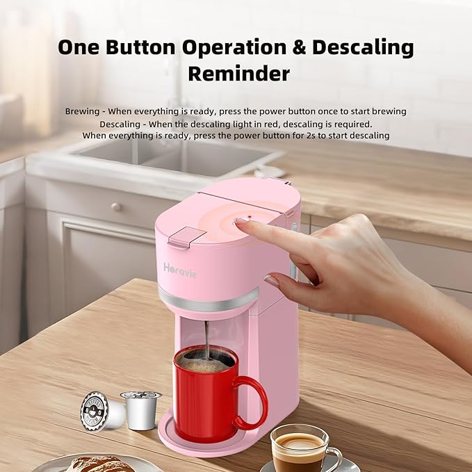Horavie Mini Single Serve Coffee Maker for K-Cup Pod and Grounds, Fast Brew One Cup Coffee Machine with Descaling Reminder and Water Window, 6 to 12 oz. Brew Sizes, Pink