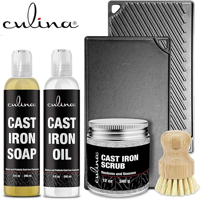 Culina Cast Iron Soap & Conditioning Oil & scrubbing salt & brush | All Natural Ingredients | Best for Cleaning, Non-stick Cooking & Restoring | for Cast Iron Cookware, Skillets