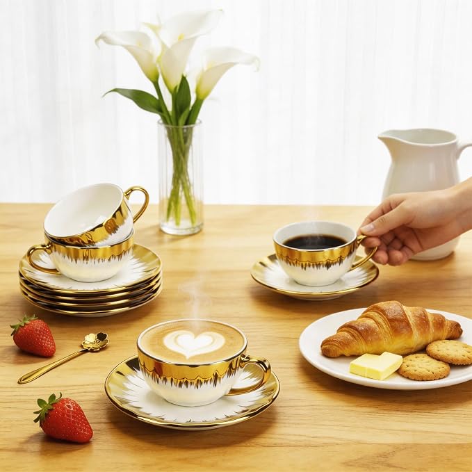 Cappuccino Cups with Saucers, 8 oz Ceramic Coffee Cup Set of 6, Espresso Cups with Sakura Spoons, Porcelain Tea Coffee Mugs for Specialty Coffee Gift, Microwave and Dishwasher Safe