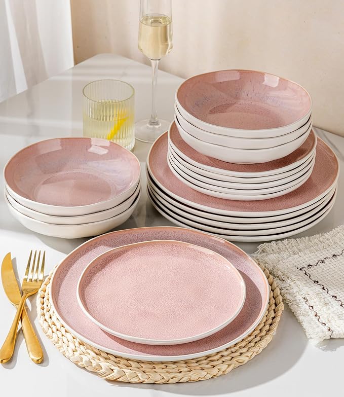 GBHOME Stoneware Dinnerware Sets for 6, 18 Pieces Rustic Ceramic Plates and Bowls Set, Handmade Reactive Glaze Plate Sets, Highly Chip Resistant Dishes, Microwave & Dishwasher Safe, Pink