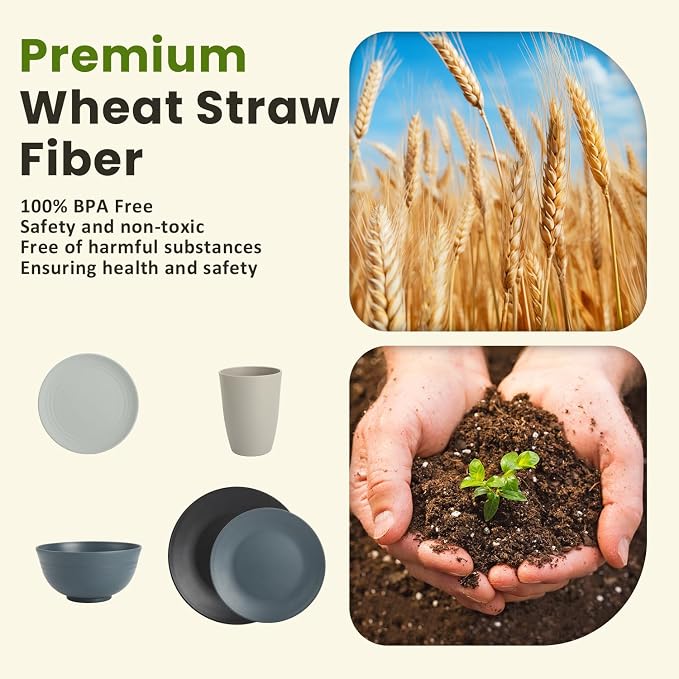 Homienly Premium 40 PCS Wheat Straw Dinnerware Set - Dinner Plates, Cereal Bowls, Unbreakable Cups Set, Microwave and Dishwasher Safe Dishes Set, Reusable Lightweight Dish Sets for Kitchen(Black Grey)