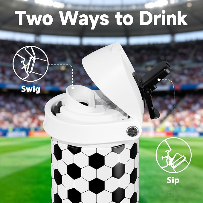 24 oz Insulated Water Bottle with Straw: Meoky Stainless Steel Soccer Water Bottle with 2-in-1 Lid - Leak Proof, Cold for 24 Hours, Fits in Car Cup Holder, Soccer Gifts for Boys Girls, Arena Light