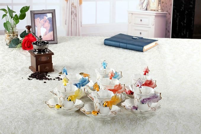 ZaH 3D Goldfish Coffee Mugs Animal Rainbow Ceramic Mug Milk Teacup Afternoon Tea Cup and Saucer Set with Spoon (Yellow)
