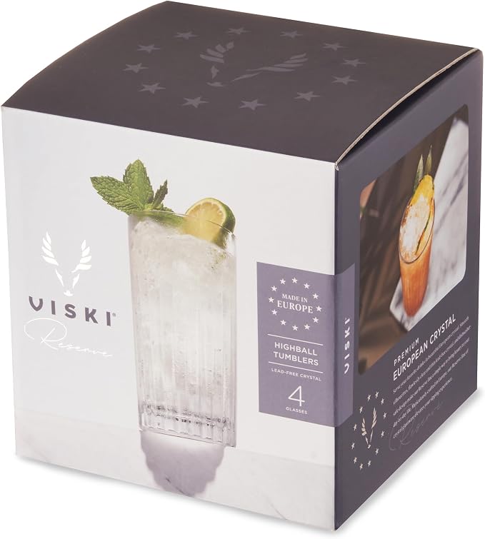 Viski Reserve Milo Crystal Highball Glasses - European Crafted Collins Glasses Set of 4-14oz Cocktail Glass for Wedding or Anniversary and Special Occasions Gift Ideas