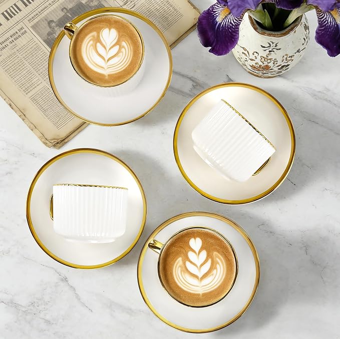 ALIMOTA 7oz White Gold Ceramic Coffee Mug Set of 4, Latte Mugs with Saucers and Spoons, White Latte Cups and Espresso Mug for Specialty Coffee Drinks, Latte, Cafe Mocha, Tea
