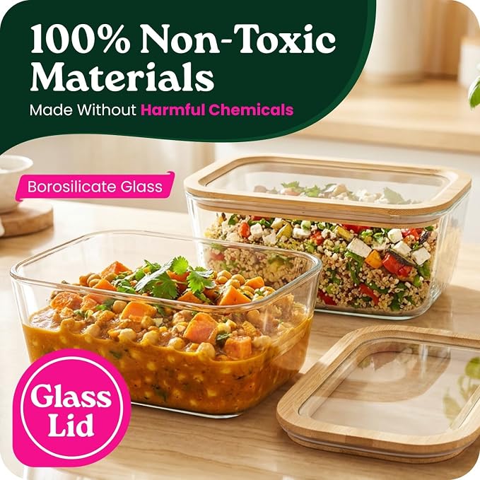 2-Pack-87.7 Oz Large Glass Food Storage Containers with Clear-Top Bamboo Lids – Plastic Free Glass Meal Prep Containers for Lunch, Eco Friendly Airtight, Microwave & Freezer Safe