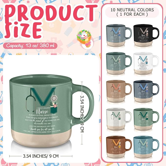 Didaey 10 Pcs Nephrology Nurses Week Gift 2026 Bulk Thank You Mugs Inspirational Ceramic Coffee Mugs 13 oz Appreciation Cups Back to School Gift for Nursing School Teacher Student Staff, 10 Colors