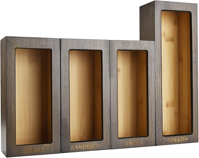 Cozee Bay Bamboo Food Bag Organizer for Kitchen Drawer, Baggie organizer, Compatible with Gallon, Quart, Sandwich and Snack Variety Size Bags (4 Piece Set) (Vintage Brown)