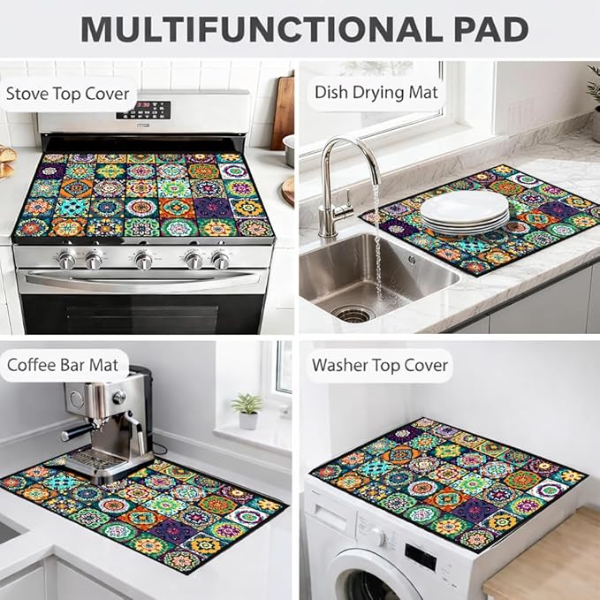 Stove Top Cover for Electric Stove 28.35 x 20.47 Inch Non Slip Stove Mat Colorful Mosaic Tile Glass Cooktop Protector Kitchen Counter Mat