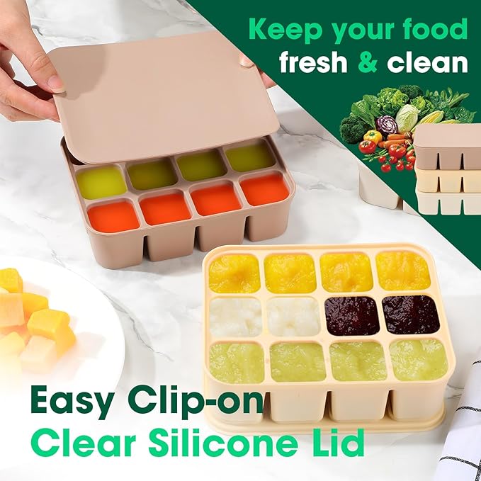 Mimorou 3 Pack Baby Food Freezer Tray with Lids 2.8 oz x 12 Cups Silicone Baby Food Storage Container Ice Cube Freezer Molds for Homemade Vegetable Fruit Purees Snack(12 Cups,White, Yellow, Brown)
