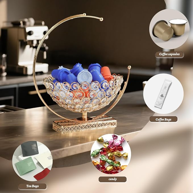 Metal & Crystal Coffee Pod Holder & Candy Basket - Elegant Multipurpose Storage Organizer for K Cups, Espresso Pods, Treats - Kitchen, Office, Home Bar (Gold, 2 PCS)
