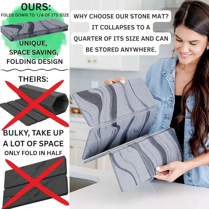 Foldable Stone Dish Drying Mat for Kitchen Counter | 23.5” L x 15.3” W Diatomaceous Earth Quick Drying Pad | Foldable & Super Absorbent Dish Drying Stone for Plates, Bottles & Utensils | Gray