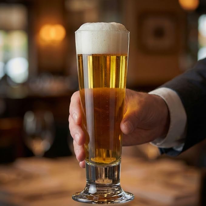 Restaurantware 14 Ounce Tall Beer Glasses Set Of 6 Tall-Footed Pilsner Glasses - Fine-Blown Dishwasher-Safe Clear Glass Beer Glass Set Lead-Free For Beers Ales or Cocktails