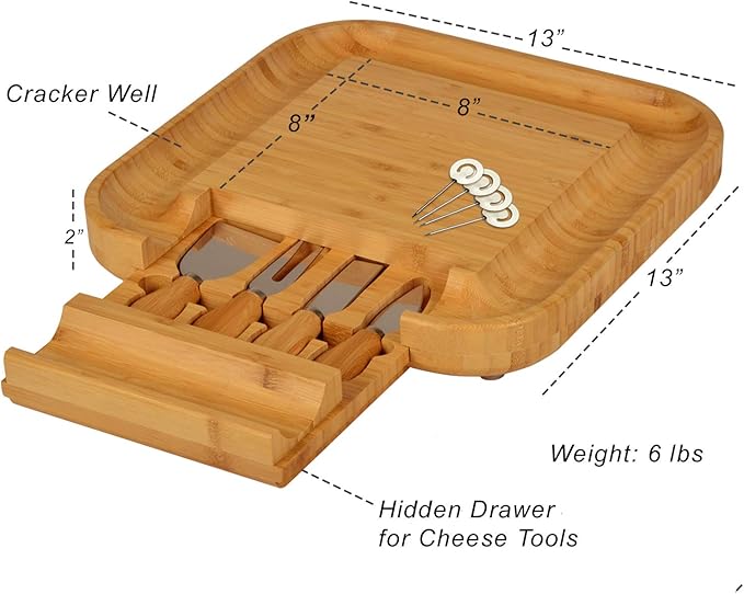 Picnic at Ascot Personalized Monogrammed Engraved Bamboo Cutting Board for Cheese & Charcuterie with Knife Set & Cheese Markers- Designed & Quality Checked in USA
