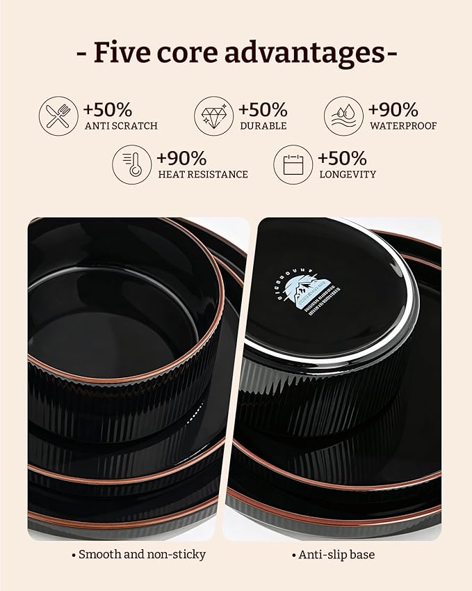 18-Piece Plates and Bowls Set, Porcelain Dinnerware Sets for 6 Service, Modern Dish Set with Rust-Red Rim, Chip and Scratch Resistant, Dishwasher & Microwave Safe, Black