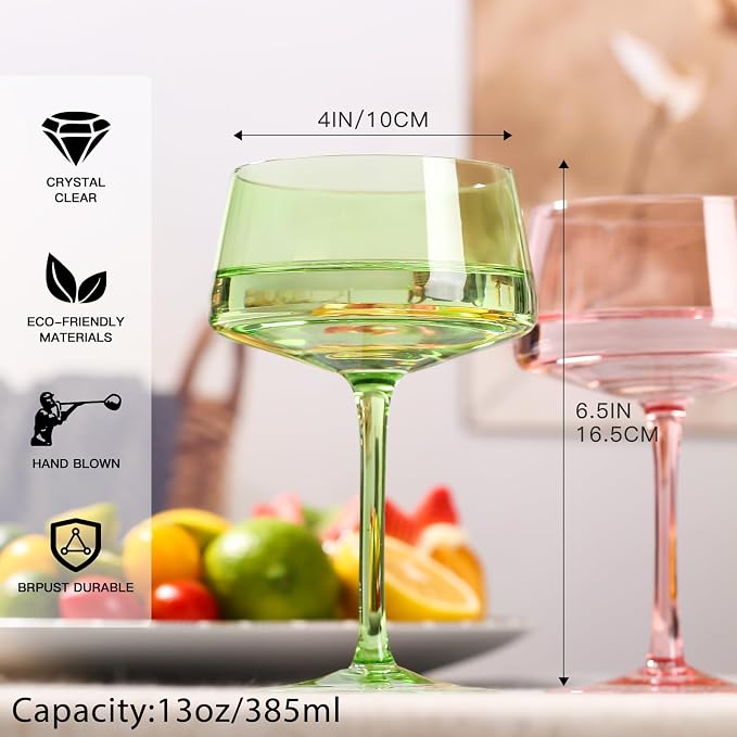 comfit Colored Martini Glasses Set of 6, 13 oz large Coupe Glass, Premium Crystal Cocktail Glasses, Martini Glasses,Champagne Glasses, Handblown Drinkware Set-Wedding,Birthday Gifts