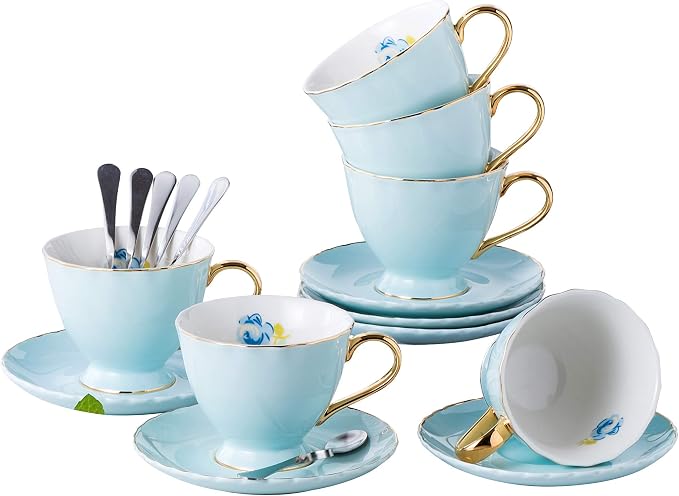 Jusalpha® Fine China Tea Cup and Saucer Coffee Cup Set with Saucer and Spoon Set of 6 (FD-TCS02 blue (6), 7oz)