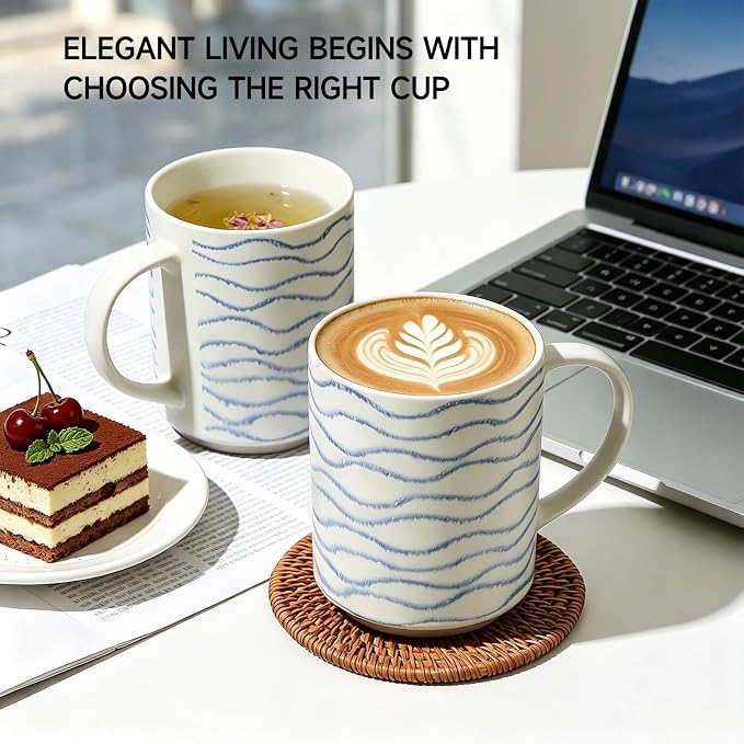 Coffee Mugs Set of 6, 17oz Ceramic Mugs with Handpainted Blue Gray Stripe Pattern, Modern Stackable Coffee Cups, Dishwasher and Microwave Safe Mugs for Home & Office (Wavy Pattern)