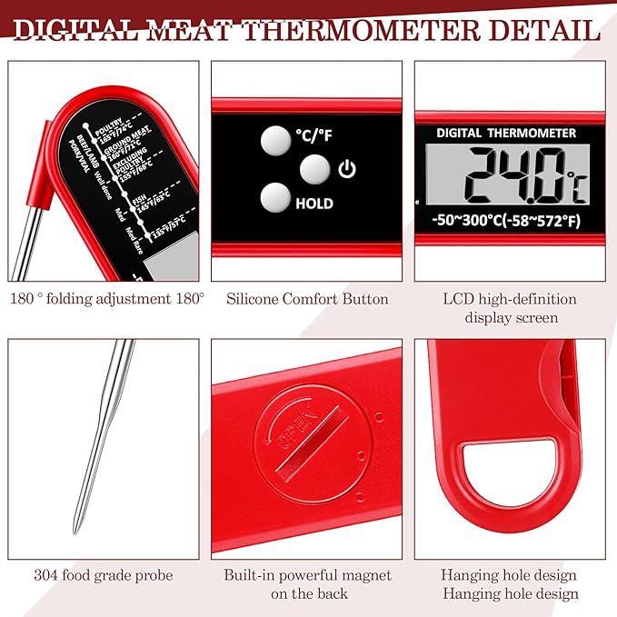 Xuhal 6 Pcs Digital Meat Thermometer for Grill Instant Read Food Thermometer Waterproof with Long Probe Magnet Foldable for Cooking BBQ Party Kitchen Turkey Fry Baking Candy