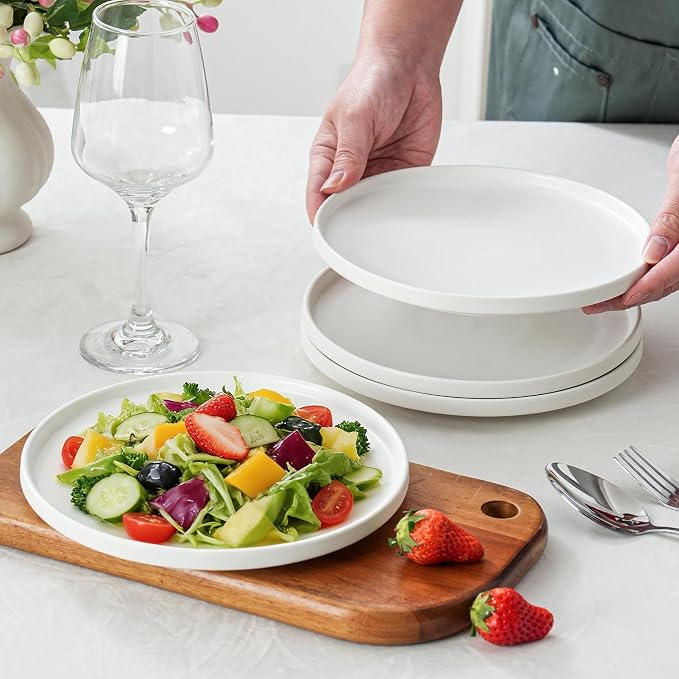Ceramic Salad & Dessert Plates Set, 8 Inch, Set of 4, Modern White | Stoneware, Dishwasher & Microwave Safe, Small Dinner Plates, For Cake, Fruits, Waffle, Pasta, Salad