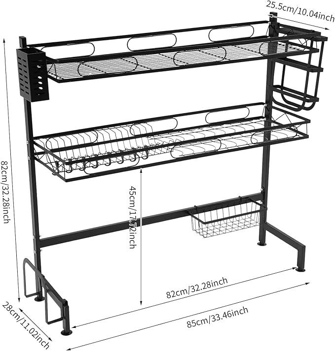 2-Tier Over Sink Dish Drying Rack, Multifunctional Kitchen Rack Extra Large Extendable Dish Rack Carbon Steel Over Sink Dish Rack with 8 Hooks for Kitchen Counter (32in)