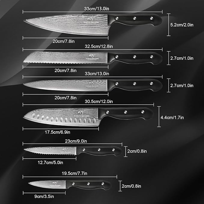 NANFANG BROTHERS 9-Piece Damascus Kitchen Knife Set, 67-Layer VG10 Japanese Steel, Professional Chef Knives with Compact Wooden Block, Triple-Riveted Ergonomic Handles (Hand-Wash Only)