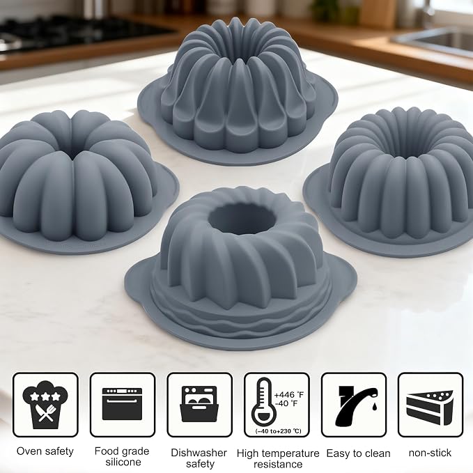 Tongjude 4 Pieces Silicone Fluted Tube Cake Pans, 7 Cups Tube Baking Pan, Jello Mold, Silicone Molds for Homemade Cake, Bread and Jello, Non-Stick, Grey