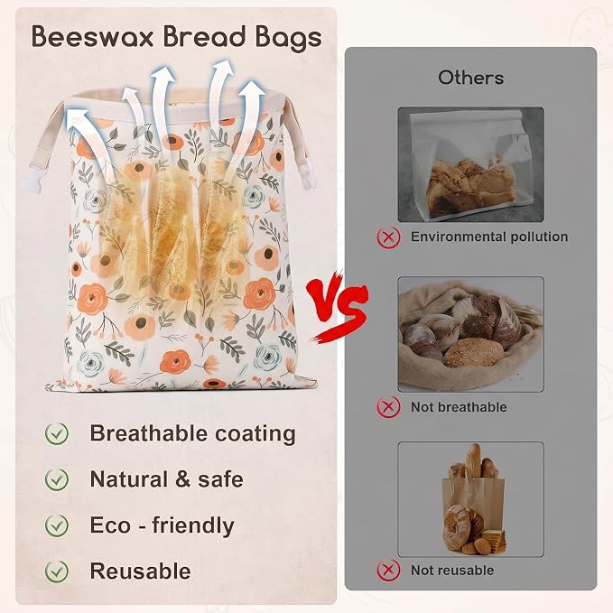 Beeswax Bread Bags for Sourdough, 2 Pack Reusable Bread Bag for Storage XL 17x13 Inch, Large Canvas Lined Bags for Homemade Sourdough - Keep Fresh, Freezer Safe