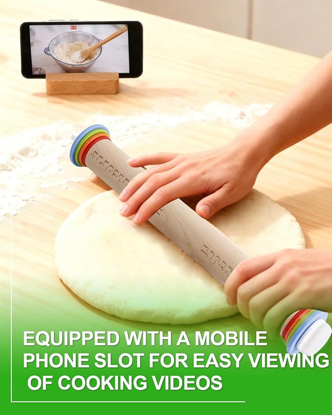 1PCS Rolling Pin Holder, Multifunctional Kitchen Wooden Rolling Pin Holder & Utensil Stand, Food-Grade Wood Base with Phone Slot for Baking, Rolling Pins, Spoons & Forks Storage