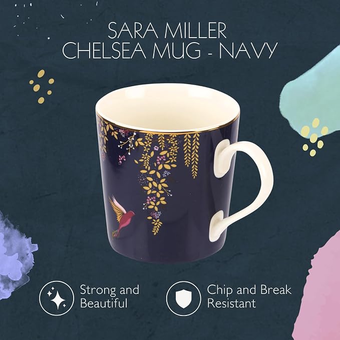 Portmeirion Sara Miller London Chelsea Mug, Navy | 12 Oz Cup for Drinking Tea, Coffee, and Hot Cocoa | Made from Fine China with Gold Detail | Handwash Only