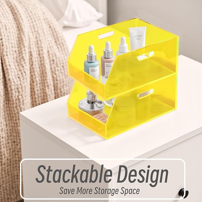 Gelite Stackable Storage Bins Open Front Organizer Bins with Handles Acrylic Storage Container for Pantry Kitchen Cabinet Bathroom Closet Office Organization, 11.4x7.5x5.1'', Neon Yellow