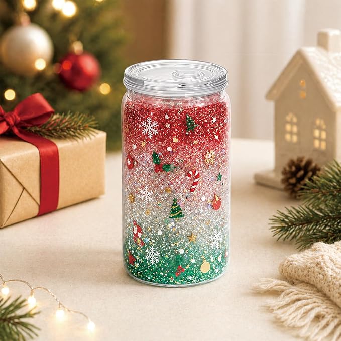 YOUKE OLA 20 Pack Acrylic Snowglobe Tumbler Pre-Drilled Double Wall Plastic Clear Cup for Glitter Snow Globe with Clear Lid & Straws Including DIY Kit 16oz