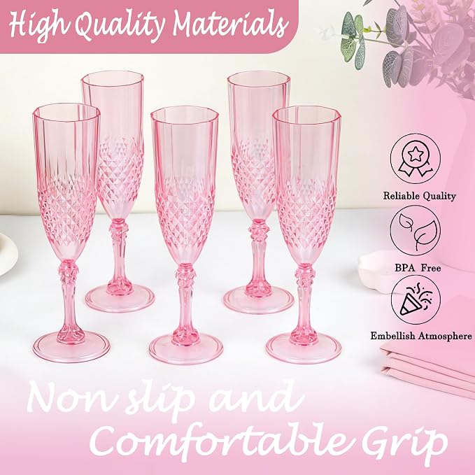 Plastic Champagne Flutes, Champagne Glasses Bulk, Reusable Unbreakable Acrylic Wine Glasses Goblets for Weddings Bachelor Parties Toasting Bridal Shower (24, Pink)