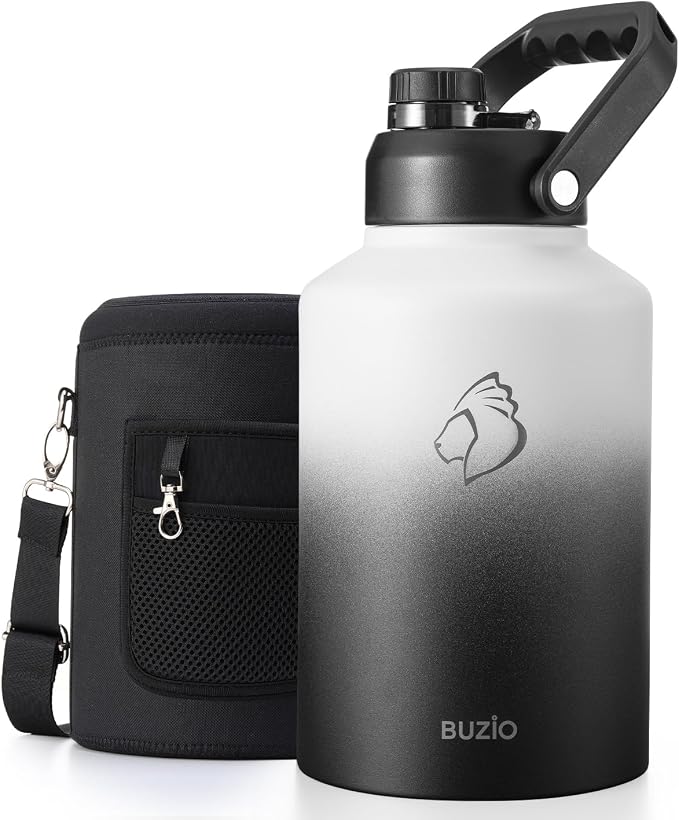 BUZIO 1 Gallon Water Jug Insulated, Stainless Steel Bottle With Large Handle & Spout Lid, 3.58" Big Wide Mouth BPA-Free Leakproof Metal Water Flask For Camping, Adventure, Sports, White & Black