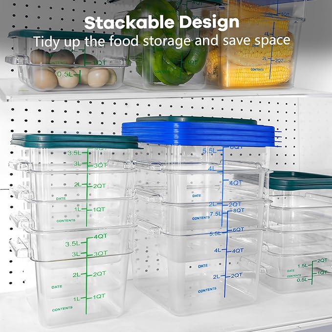 4 Pack Food Storage Containers with Green Lids, 4.0 Qt - Square, Clear, Polycarbonate, for Restaurant Commercial Kitchen and Home party