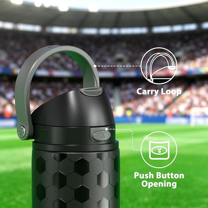 24 oz Insulated Water Bottle for Sports: Meoky Stainless Steel Soccer Water Bottle with 2-in-1 Lid - Leak Proof, Cold for 24 Hours, Fits in Car Cup Holder, Soccer Gifts for Boys Girls, Arena Night