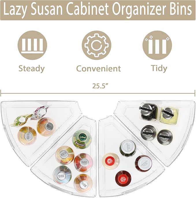 URALFA Lazy Susan Organizers Set of 8, 10"x 9.5"x 4" Corner Cabinet Organizer, Plastic Transparent Kitchen Cabinet Storage Bins with Handle, 4" Deep Container, 1/8 Wedge - Food Safe, BPA Free