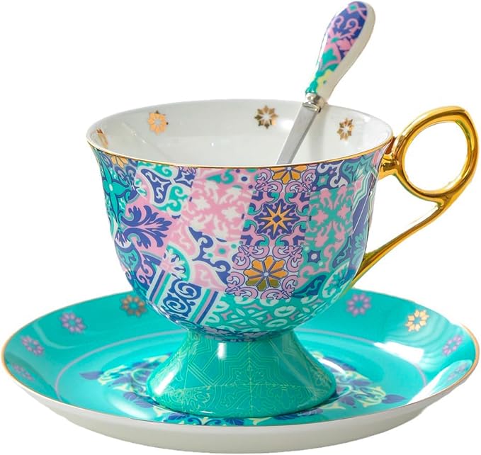 Tea Cup and Saucer Set, Tea Set,Coffee Mug(8oz), Ivory Porcelain Coffee Cup Vintage Floral Ceramic Tea Cup Set with Saucer and Spoon,Gold Trim and Gift Box for Woman/Men(A)