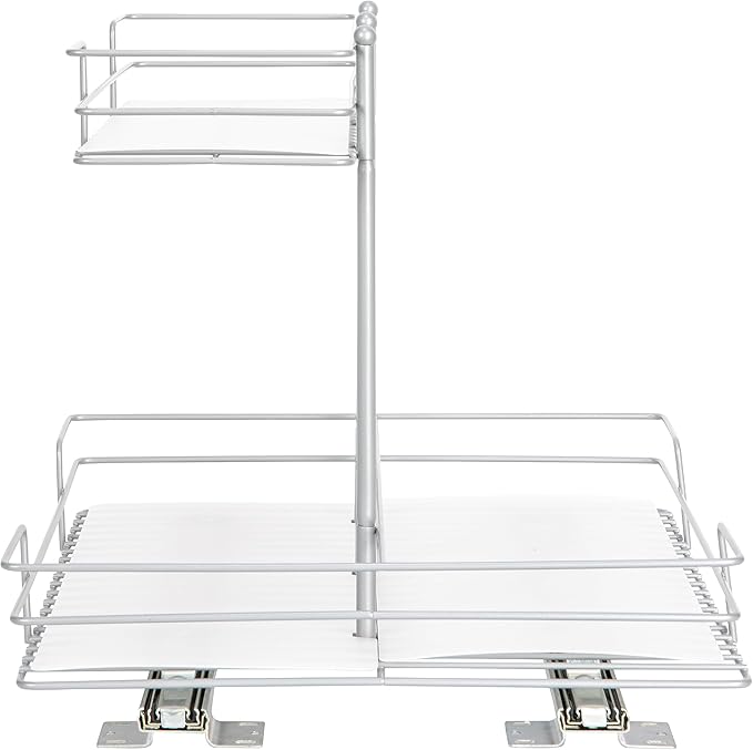 Household Essentials Glidez Steel Pull-Out/Slide-Out Storage Organizer with Plastic Liners for Under Sink or Wire Shelf Use - 2-Tier Design - Fits Standard Size Cabinet or Shelf, Brushed Silver