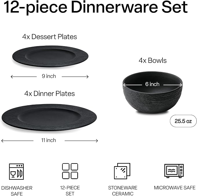 MIAMIO - 12-Piece Dinnerware Set, 4x Dinner Plates (28 cm), 4x Breakfast Plates (23 cm), 4x Bowls (750 ml), 12-Piece Set for 4 People - Microwave and Dishwasher Safe - Oasis Collection (Black)