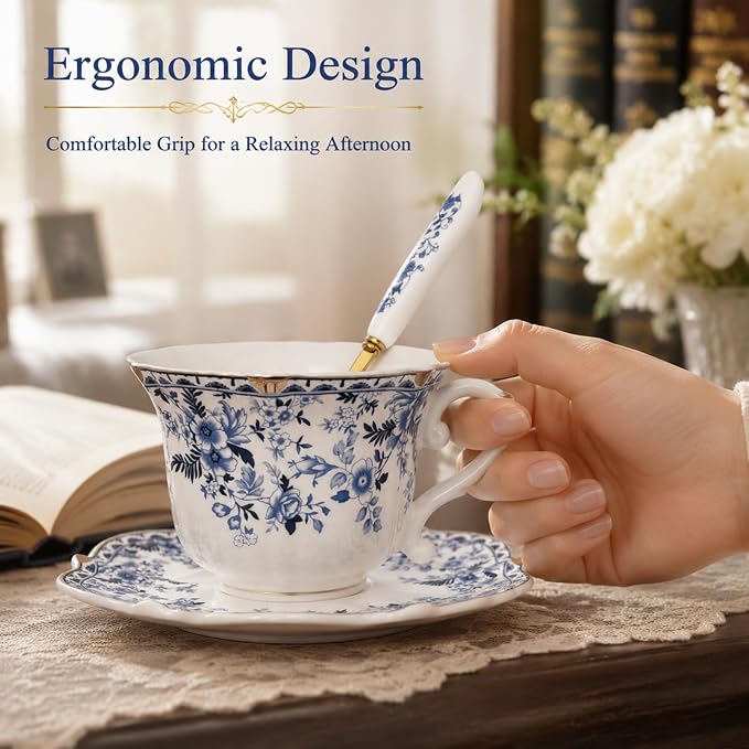 Noviko Porcelain Tea Cup and Saucer with Spoon Vintage Floral Teacup, 6 oz | Set of 1, Scalloped Edge Cup, Elegant Gift, Suitable for Afternoon Tea, Cappuccino, Espresso, Coffee