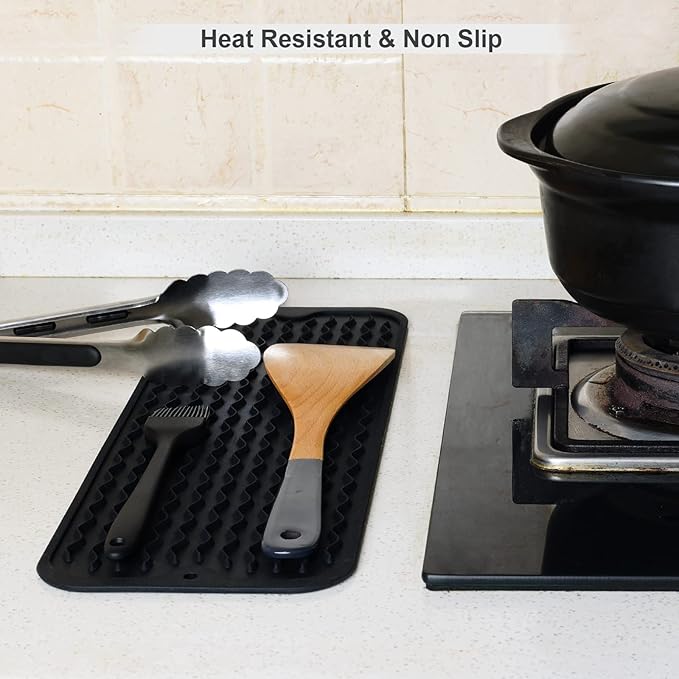 ZLR Silicone Sponge Holder & Sink Caddy Tray (6" x 17") - Narrow Dish Drying Mat for Kitchen Counter - Waterproof Soap Dispenser Organizer, Non-Slip Bathroom Vanity Tray (Black)