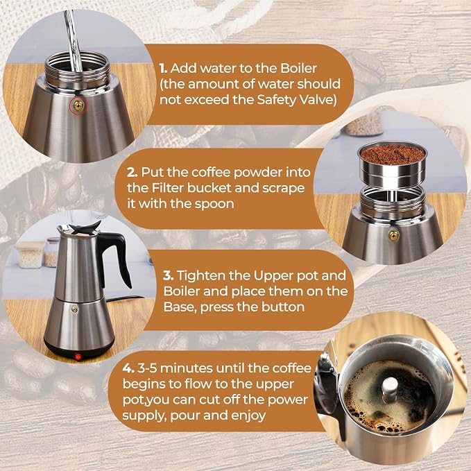 Electric Stainless Steel Moka Pot 6 Cup 300ml Mocha Pot Espresso Maker with Detachable Base Ideal Coffee Maker for Home Italian and Cuban Café Coffeemaker Espressomaker Coffee Pot