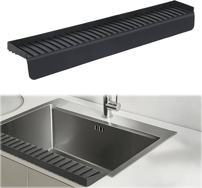Silicone Sink Splash Guard & Edge Protector, 30 Inch Extra Long Kitchen Sink Splash Guard with Suction Cups, 5° Tilt Water Drip Back Design, DIY Cuttable Fits Any Size Single or Double Sink - Black