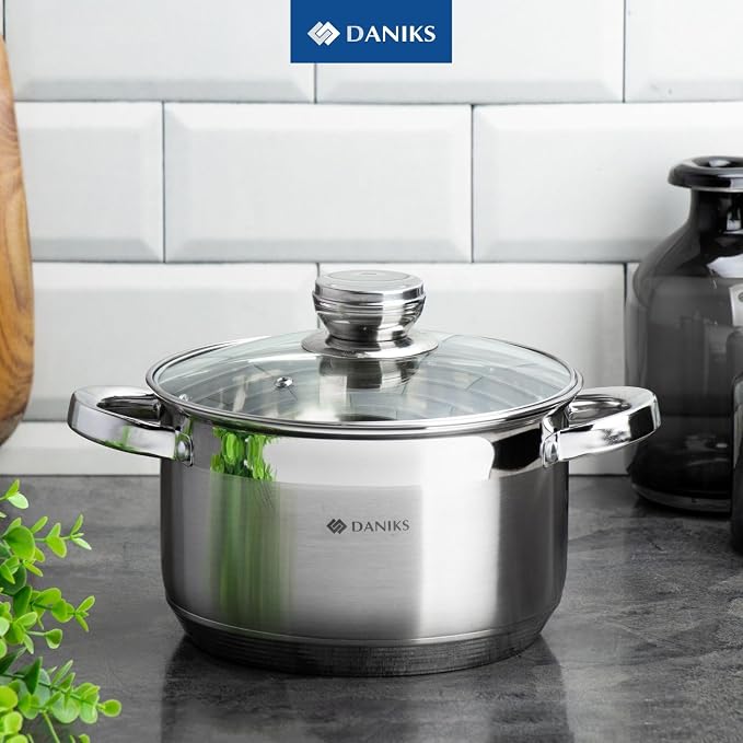 Daniks Standard 2 Quart Stainless Steel Stock Pot with Glass Lid, Tri-Ply Bottom for Even Heating, Induction Compatible, Dishwasher Safe, Built-In Measuring Scale, Silver