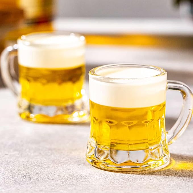 24 Pack Mini Beer Mug Shot Glasses, 2 Oz Glass Mini Beer Shot Glasses with Handles, Clear Beer Stein Tasting Cups for Whiskey, Tequila, Vodka Flight, Party Favors and Gifts